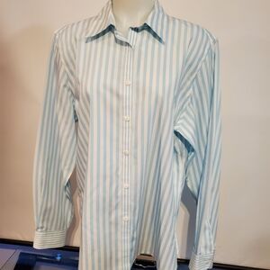 Foxcroft Women's Non-Iron Shaped Fit Light Blue Striped Button Down Shirt